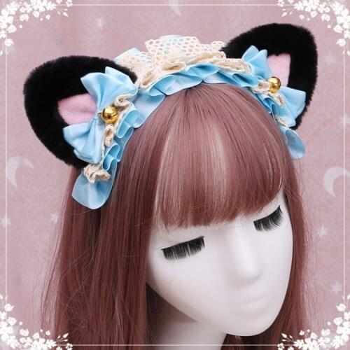 Anime Lolita Cosplay Animal Headband Cute Plush Cat Ears Ruffled Lace Ribbon Bowknot Bell Hair Hoop Masquerade Headpiece