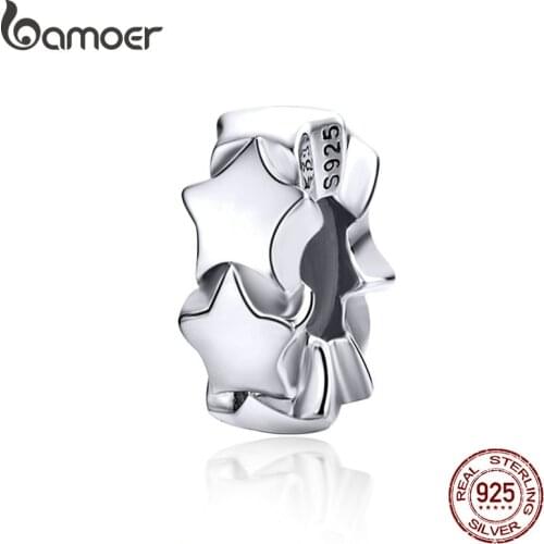 BAMOER Stoppers Charms with Silicone Sterling Silver Stars Beads for Women Jewelry Making Charm Bracelet for Girl SCC1169