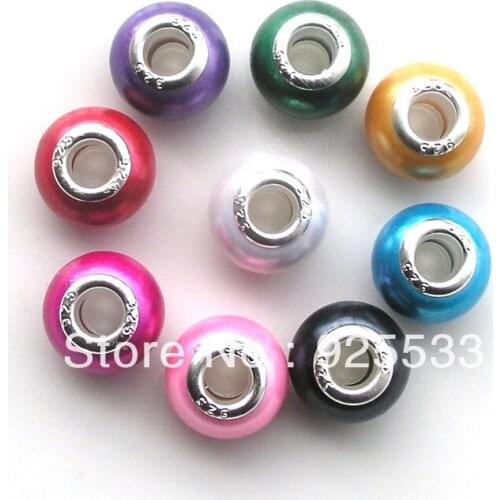 Free Shipping 50pcs Wholesale Fashion Silver Plated Core Big hole Mix colors Resin Beads fit Eurpean Bracelet jewelry DIY