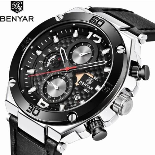 New Watch Men BENYAR Quartz Chronograph Military Mens Watches Top Brand Luxury Clock Men Watch Leather Strap Relojes Hombre 2019