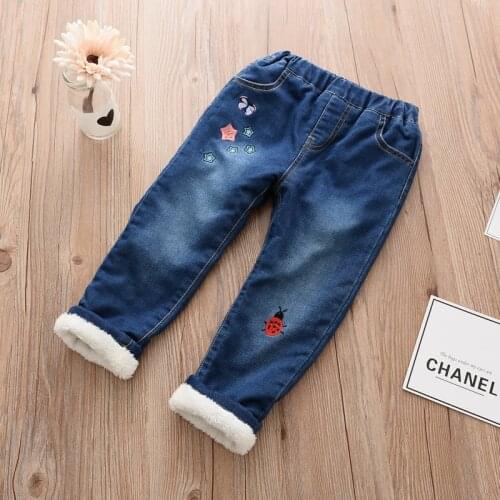Girls Winter Denim Jeans Baby Embroidery Warm Jeans Kids Elastic Waist Thick Jeans Girls Winter Trousers Child Warm Pants