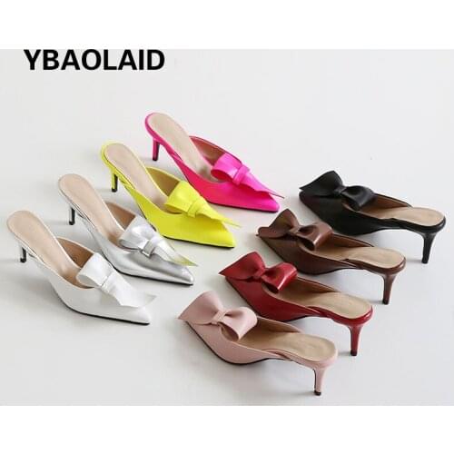 Pointed Bow High-heeled Fashion Slippers Summer New Style Outer Wear Solid Color Baotou Fine-heeled Semi-slippers Lazy Sandals