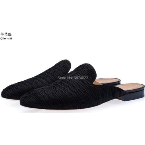 Qianruiti Men Casual Half Shoes Black Slippers Wrinkled Leather Mules Outdoor Flats Leisure Slides Shoes Men Loafers Big size