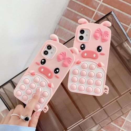 For iPhone 12 11 Pro Max Xs XR 6 7 8Plus Case Soft Silicone Pig Fidget Toys Push Pop Soft Case With Rope