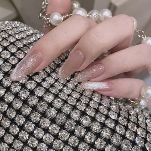 24pcs Long Pointed False Nails Spar Cat Eye Artificial Waterproof Press On Nails Red Glue Wearing Nail Tip Extension Manicure