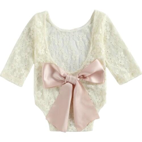 New Toddler Lace Long Sleeve Romper, Bow Decoration Flower Pattern Little Princess Style Spring Clothing