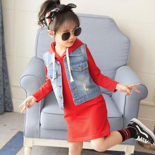 3-12Y Child Baby Girls Dress spring Autumn Long Sleeve Stright Hoodie sweater Dresses +Denim vest jacket 2pcs/set Girls Clothes