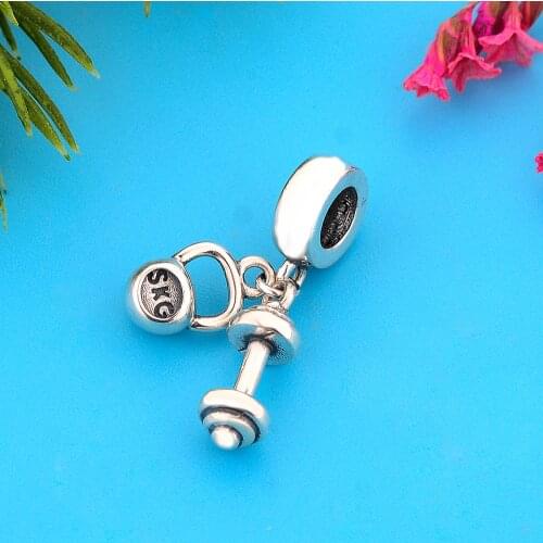 Real 925 Sterling Silver Barbell Bead Pendant Charms Fit Bracelet Charms Silver 925 Original Authentic Jewelry