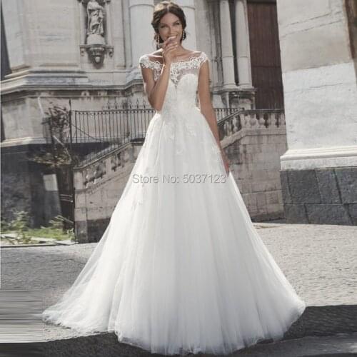 A Line Wedding Dresses with Cap Sleeves Lace Appliques Off the Shoulder Court Train Buttons Back Vestido De Noiva Bridal Gowns