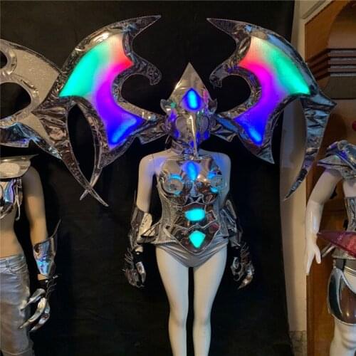 Q12 Ballroom dance led light costumes stage RGB colorful light silver mirror headwear glowing wings armor men robot suit disco