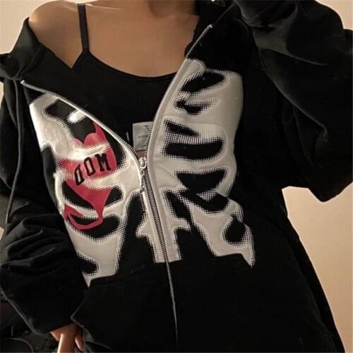 Harajuku Anime Gothic Hoodie Loose Skull Print Y2K Goth Grunge Hooded Sweatshirts Vintage Spring Autumn Coat
