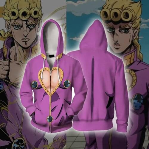 Japanese Anime Costumes Jojo Bizzare Adventure Giorno Giovanna Hoodie Sweatshirt Male Streetwear Zipper Hat Jackets Coat Cosplay
