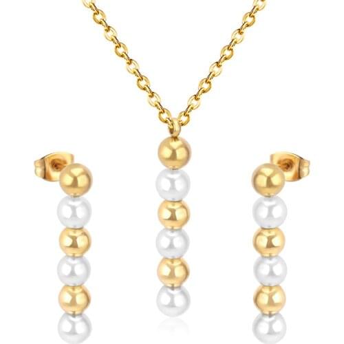 LUXUKISSKIDS Stainless Steel Jewelry Sets For Women Girls Fake Pearl Earrings Necklace Wedding Dubai Indian Bridal Jewelry Set