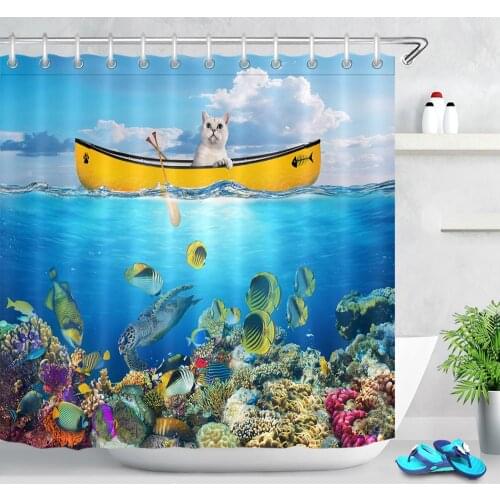 Funny Animal Cat Shower Curtain Waterproof Polyester Fabric Bathroom Decor Underwater World Tropical Fish Dolphin Shower Curtain