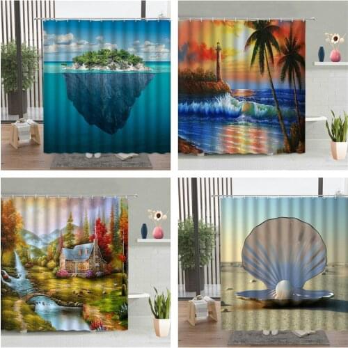 Beach Forest Waterfall Shower Curtain Mountain Shell Pearl Isle Wooden House Scenery Printing Bathroom Decor Accessories Set