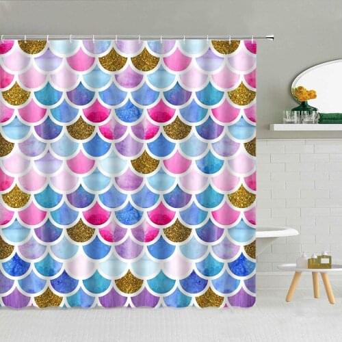 Ocean Mermaid Colorful Fish Scales Shower Curtain Blue Teal Pattern Polyester Fabric Bathroom Supplies Cloth Curtains Decoration
