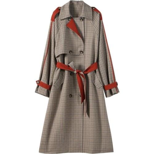Windbreaker for Lady Female Outerwear Clothes Brand New Plaid Trench Coat Women Long Double-Breasted Loose Oversize Duster Coat