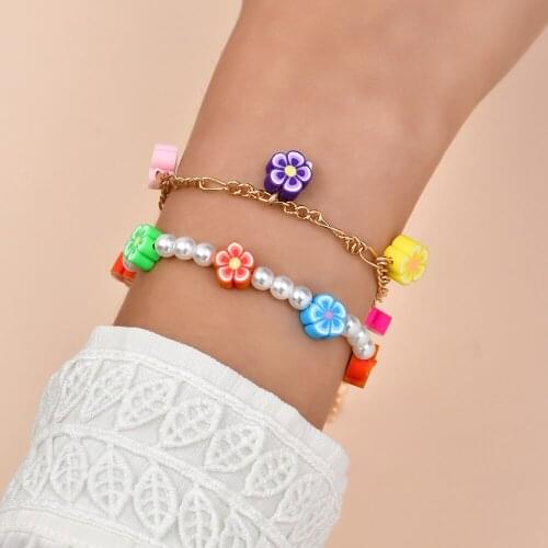 Fashion Bohemia Ethnic Polymer Clay Flower Bracelets For Women Charm Simulated Pearls Figaro Chain Beaded Bracelets Gifts