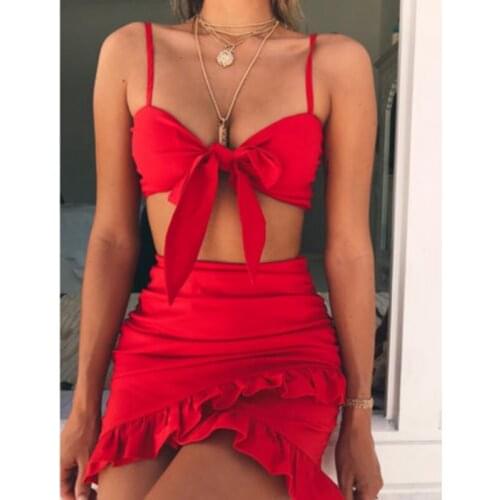 2 Piece Set Women Sexy Spaghetti Strap Crop Top And Ruffles Skirt Matching Suit Female Summer Bandage Beachwear Clothes