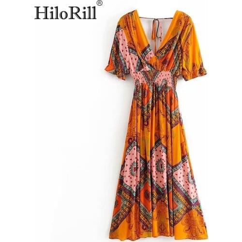 HiloRill Women Printed Long Dress V Neck Elastic Waist Summer Boho Dresses 2021 Ruffle Short Sleeve Vintage Pleated Midi Dress