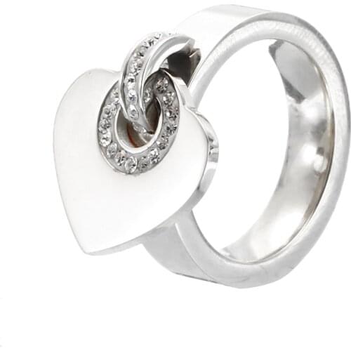 Fashion Heart Shaped Pendant Ring Cubic Zirconia Stainless Steel Rings For Women Valentines Day Christmas Jewelry Gift