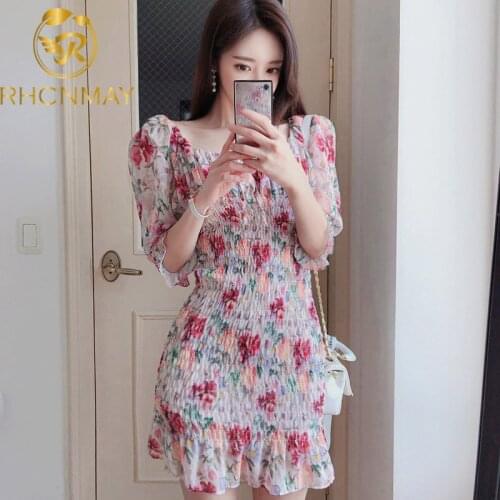 Korean Style Square Collar Puff Sleeve Chiffon Dress Women Floral Print Slim Waist Vintage Dresses Fashion Summer Pleated Dress