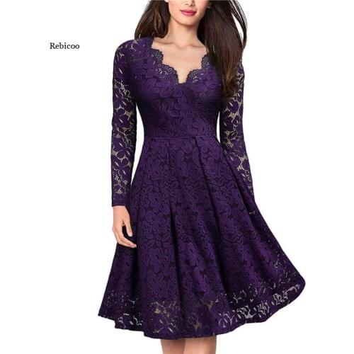 Elegant Sexy Dress for Women Vintage Lace Long Sleeve V Neck Black Blue Robe Femme Casual Dresses Woman Party Night New