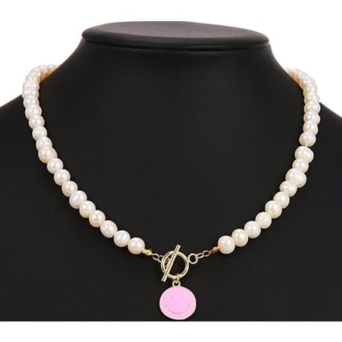 ZHINI Korean Fashion Freshwater Pearl Chain Choker Necklaces for Women Simple Cute Smiling Face Pendant Statement Necklace Gift