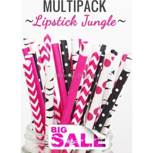 125pcs Mixed Colors LIPSTICK JUNGLE Themed Paper Drinking Straws, Deep Pink Plain, Chevron, Polka Dot, Black Swiss Dot and Birch