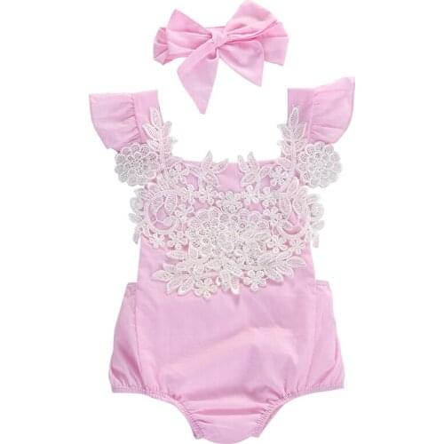 PUdcoco 0-18M 2Pcs Newborn Baby Girls Floral Lace Newest Fashion U-Neck Rompers Clothes Jumpsuit+Headwear Outfits 0-18M