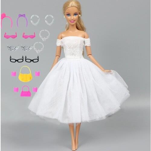 25 Pcs/Set Handmade Doll Dress + Random 24 Pcs Accessories Glasses Handbags Hangers Clothes for Barbie Doll 12'' Kids Play Toy