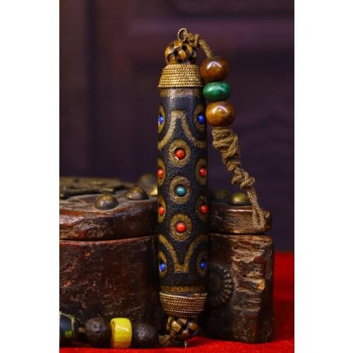 5" Tibet Buddhism Old Natural agate mosaic Gem Filigree 4 eyes Dzi Bead Pendant Town House Exorcism Ward off evil spirits