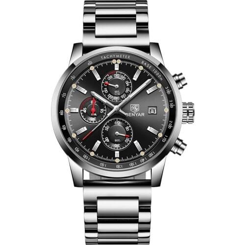 Benyar 5102 Hot Sell Mens Clock Stainless Steel Band Date Display Waterproof Character Sports Quartz Chronograph Wristwatch Men
