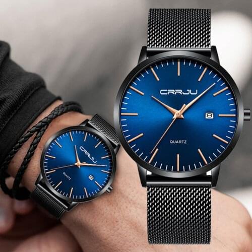 Watches CRRJU Men‘s Ultra Thin Watches Fashion Casual Date Quartz Watch Men Mesh Strap Waterproof WristWatch Relogio Masculino