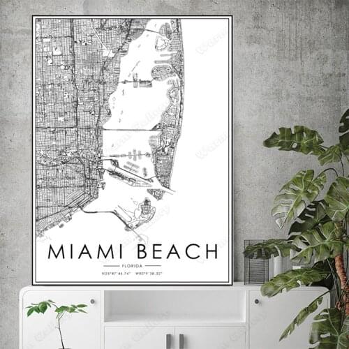 Black and White City Map The Miami Beach City Map Poster HD Print Wall Art Canvas Nordic Landscape Painting for Home Decor