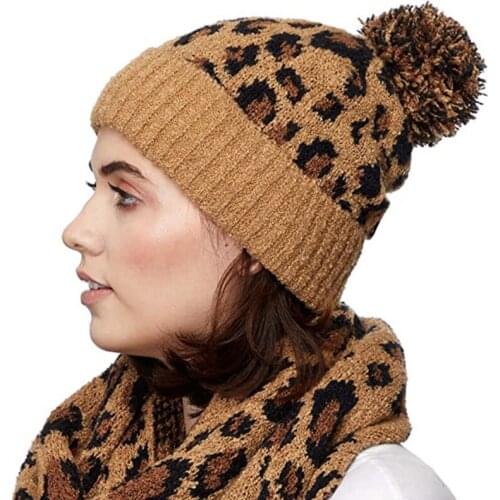 Women Winter Warm Knitted Cuffed Beanie Hat Vintage Leopard Pompom Skull Cap