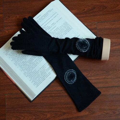 Elegant Women Wool Knit Embroidery Hair Ball Touch Screen Driving Mittens Winter Warm Cashmere Long Full Finger Black Gloves C41