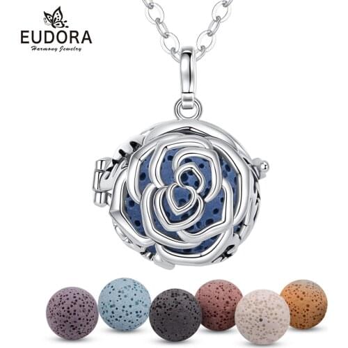 EUDORA NEW 16mm Aromatherapy Perfume Essential Oils Diffuser Necklace Rose Round Locket Cage Pendant with Fun Lava Stone K96N20