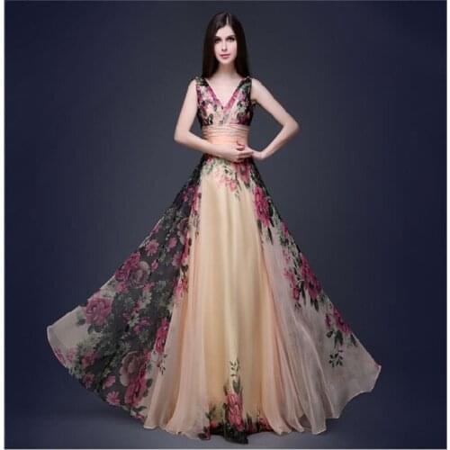 European and American elegant temperament fashion print dress Womens high waist stage banquet long dress AL181208