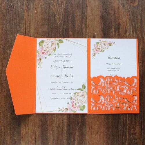 Pocket Fold Invitations Bridal Shower Birthday Wedding Envelopes Flower Laser Cutting Personalized Design Multi Colors 50 Sets