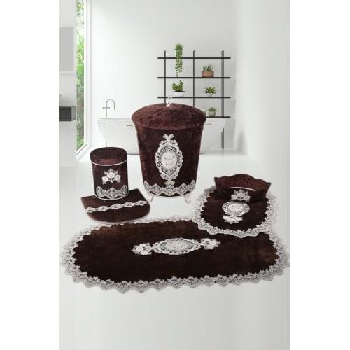 Coffee 6 Piece Lacy Bathroom Dirty Laundry Basket Set Bath Mat Set