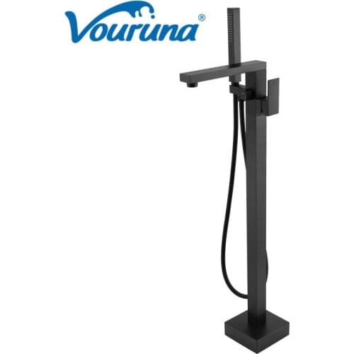 Square Style Matte Black Floorstanding Bath Filler Tap Free Mounted Bathtub Faucets
