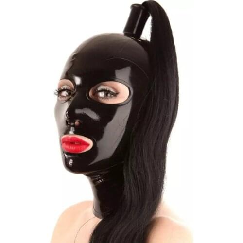 Handmade Gummi 0.4mm Black Latex Rubber Mask Hood with Black Hair Pigtail for Party Latex Bodysuits