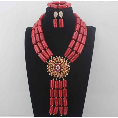 Fashion Red Coral Pendant Necklace Set nigerian Wedding African beads Jewelry Set Bridesmaid Necklace sets W13917