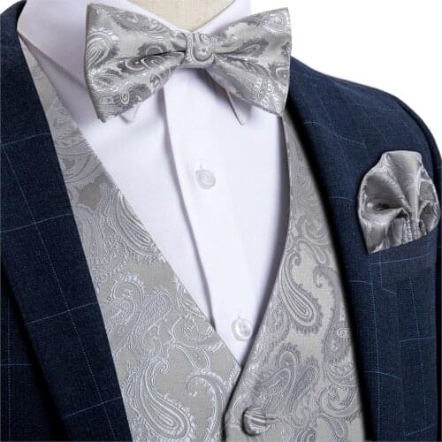 Mens Silver Paisley Fashion Wedding Men Silk Waistcoat Vest Bowties Hanky Cufflinks Cravat Set for Suit Tuxedo DiBanGu MJ-110