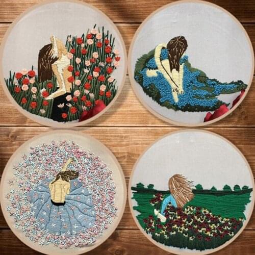 Embroidery Starter Cross Stitch Kit Flower Girl Pattern 20cm Embroidery Hoop