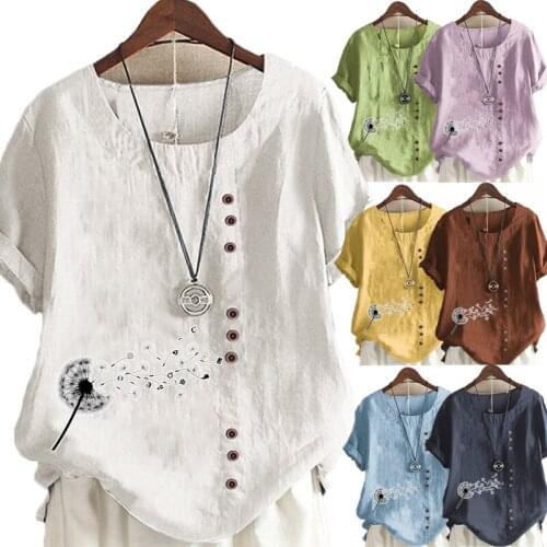 New Women Summer Casual Dandelion Print Loose T-shirts Vintage Round Neck Plus Size Short Sleeve Blouse Tops S-5XL