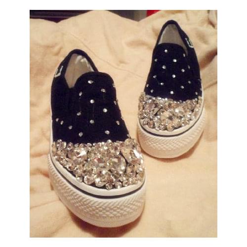 Handmade Rhinestone Glass One Pedal Canvas Shoes Sweet Lazy Shoes Women
