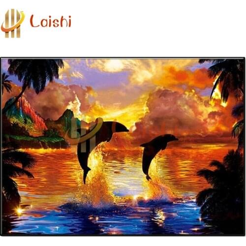 Full Square round drill Sunset scenery, dolphins over the water Diamond painting Diamond embroidery Cross stitch wall decor
