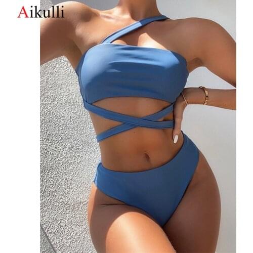 Sexy One Piece Swimsuits Women One Shoulder Swimwear Female Cross Bandage Bodysuits Monokini Summer Beach Bathing Suits Swimming